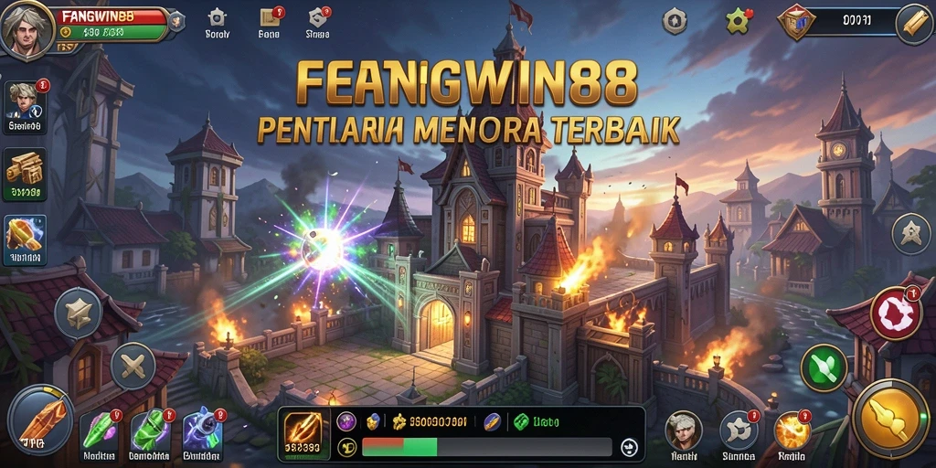 Screenshot dari gameplay FANGWIN88 menunjukkan menara yang kuat dan musuh yang menyerang.