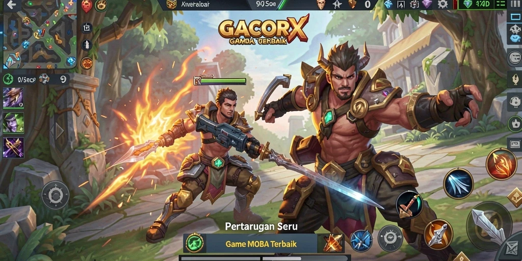 Tampilan gameplay seru dalam pertempuran MOBA di GACORX.
