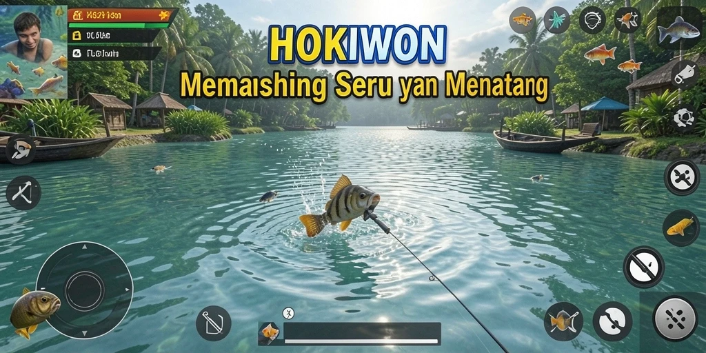 Screenshot gameplay HOKIWON yang menunjukkan momen menangkap ikan.