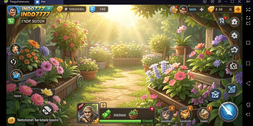 Screenshot gameplay menunjukkan petani merawat tanaman di lahan hijau.
