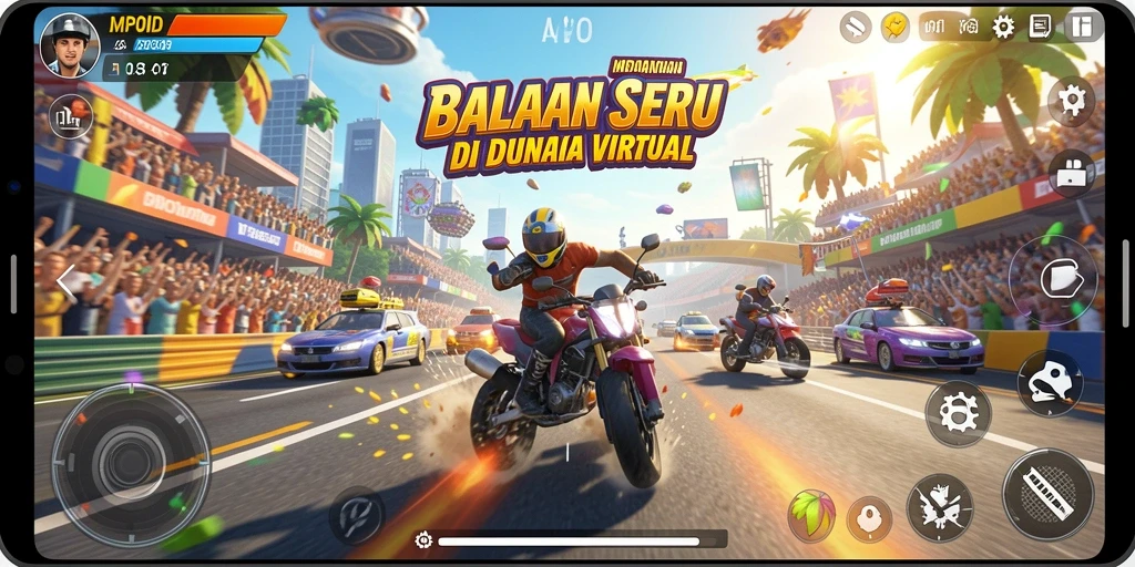 Tampilan gameplay seru dari MPOID dengan mobil balap di trek.