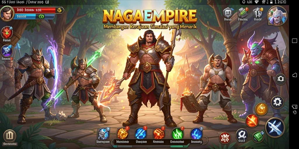 Screenshot gameplay NAGAEMPIRE menunjukkan pembangunan kerajaan yang dinamis.
