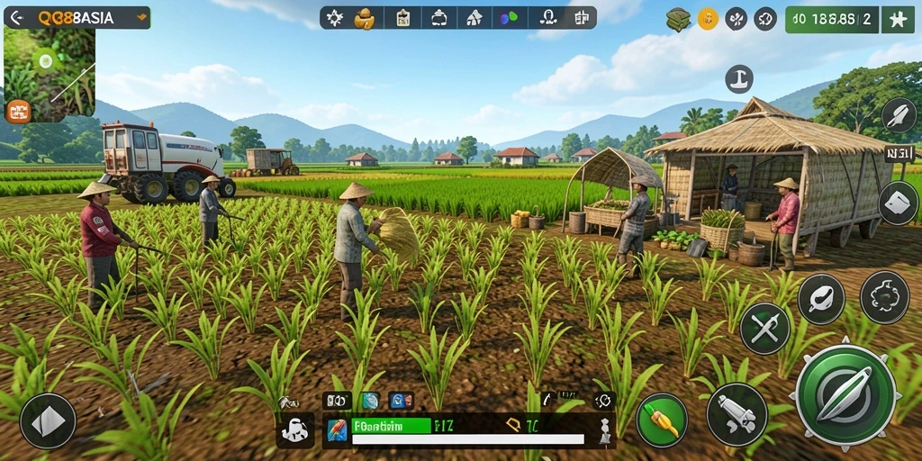 Tangkapan layar gameplay QQ88ASIA yang menggambarkan ladang dan aktivitas bertani.