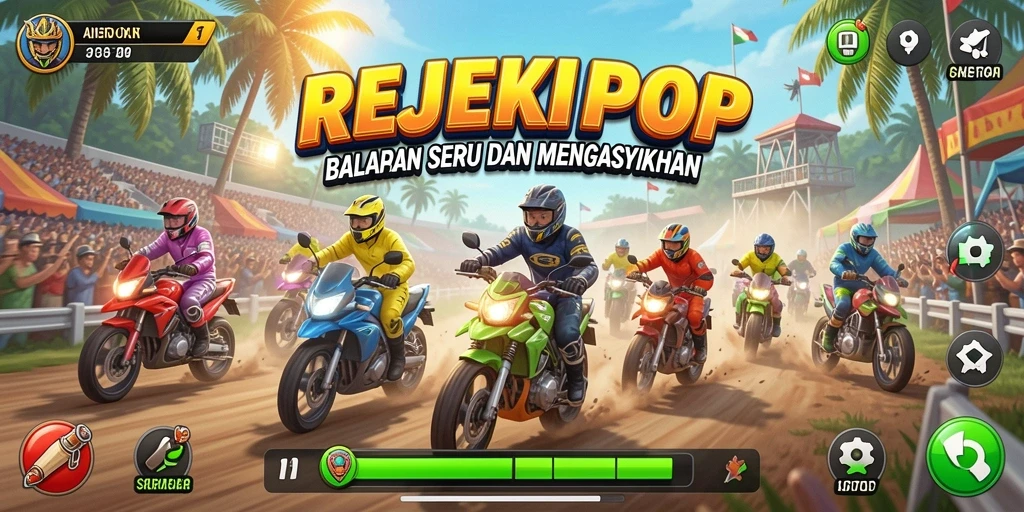 Gameplay seru di REJEKIPOP dengan balapan mendebarkan.