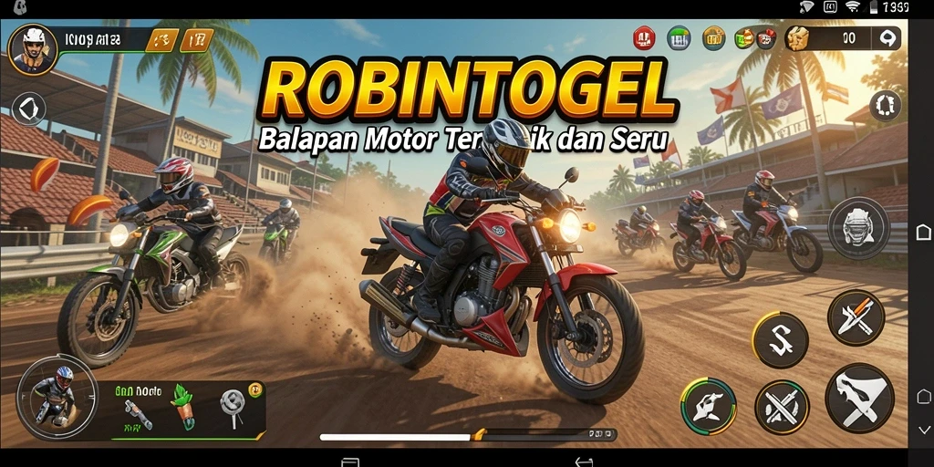 Screenshot utama menunjukkan aksi balapan motor yang intens dan menarik.