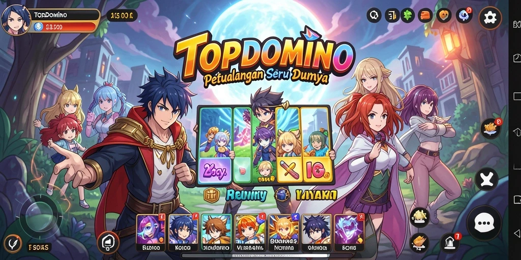 Screenshot dari gameplay <strong>TOPDOMINO</strong> menunjukkan aksi karakter yang dinamis dan dunia Anime yang indah.